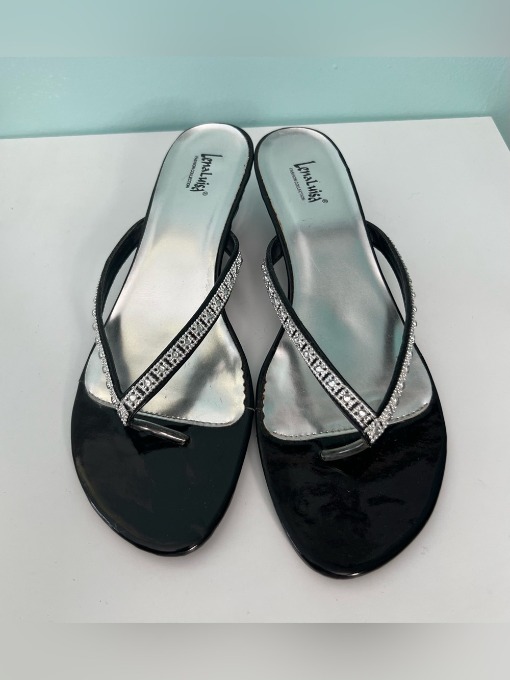Lena Luisa Black Patent Flip-Flop Sandals with Silver Rhinestone Straps